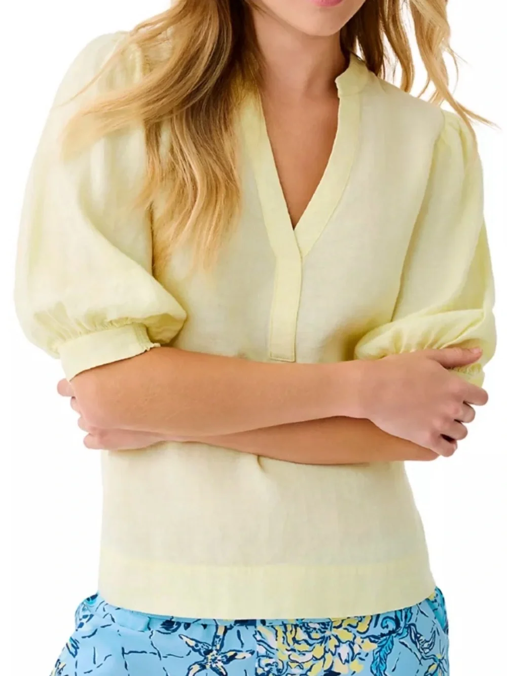 Lilly Pulitzer Pale Yellow V-Neck Puff Sleeve Blouse